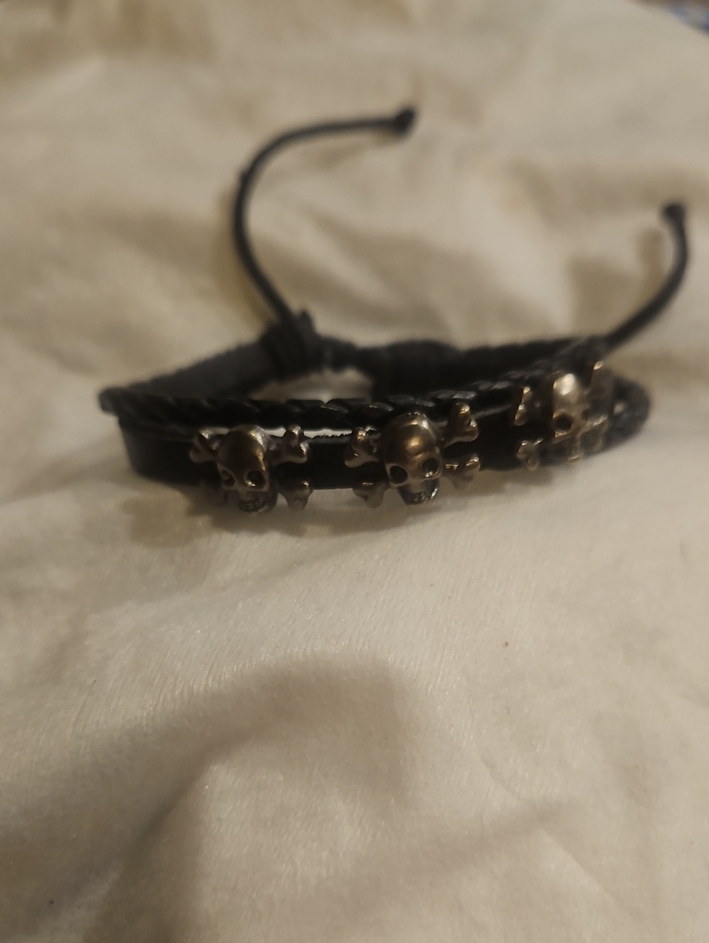 Black Braided Leather Bracelet with Silver Skull Accents